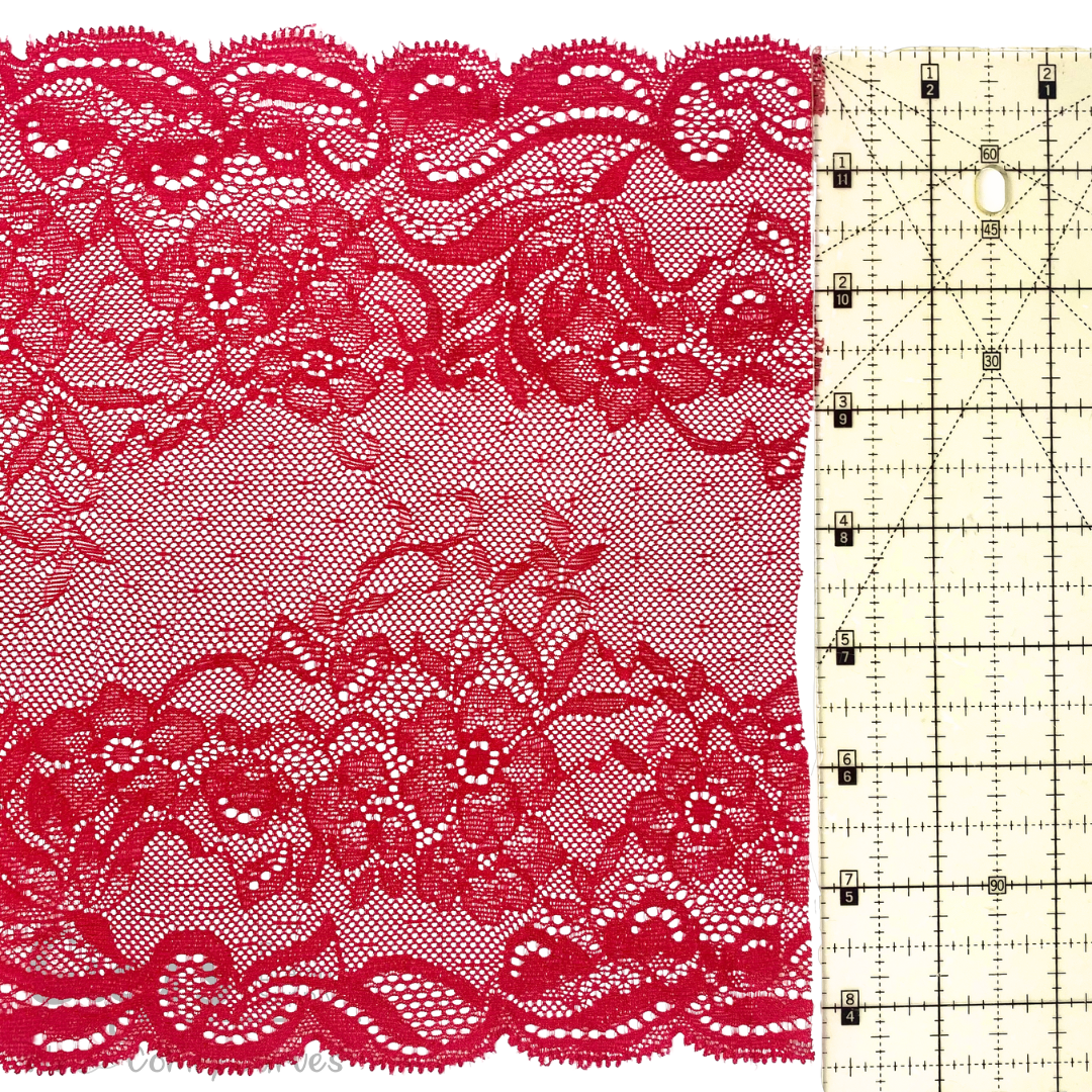 8 Wide Two-Tone Red & Pink Stretch Leavers Lace Trim, Made in France, Sold  by The Yard