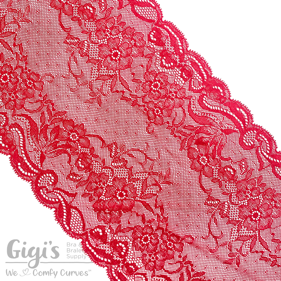 8 Wide Two-Tone Red & Pink Stretch Leavers Lace Trim, Made in France, Sold  by The Yard