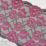 Lace, Stretch Lace, 9" Black Lace with Fuchsia Flowers Stretch Lace, 9 inch
