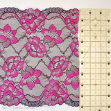 Lace, Stretch Lace, 9" Black Lace with Fuchsia Flowers Stretch Lace, 9 inch