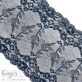 Lace, Stretch Lace, 6" Navy Indigo Floral Stretch Lace, 6 inch