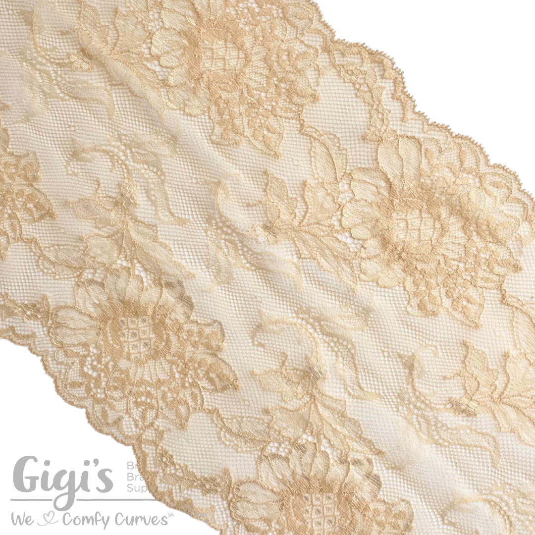 Lace, Stretch Lace, 9 Beige with Ivory Floral Shimmer Stretch Lace, 9 inch
