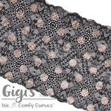 Lace, Stretch Lace, 7" Black with Gold Dots Stretch Lace, 7 inch - Gigis Bra Supply