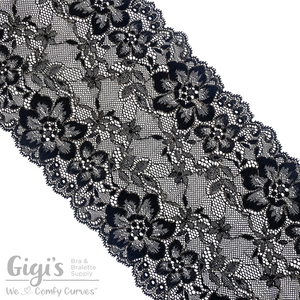 Lace, Stretch Lace, 6" Black Floral with Gold Stretch Lace, 6 inch
