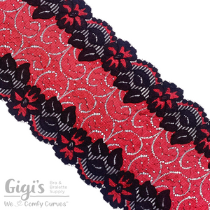 Lace, Stretch Lace, 5" Red Black Floral Swirl Stretch Lace, 5 inch