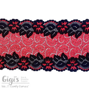 Lace, Stretch Lace, 5" Red Black Floral Swirl Stretch Lace, 5 inch