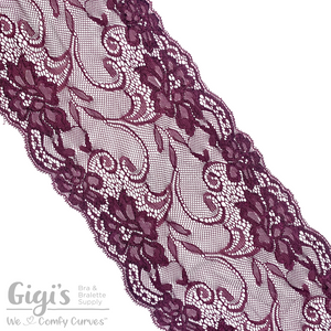 Lace, Stretch Lace, 6" Black Cherry Floral Stretch Lace, 6 inch