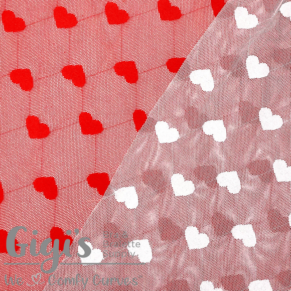 Fabric, Stretch Tulle Fabric, Hearts on Tulle Stretch Fabric 1/2 Yard