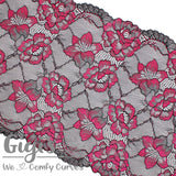 Lace, Stretch Lace, 9" Black Lace with Fuchsia Flowers Stretch Lace, 9 inch - Gigis Bra Supply