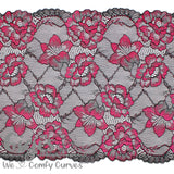 Lace, Stretch Lace, 9" Black Lace with Fuchsia Flowers Stretch Lace, 9 inch - Gigis Bra Supply