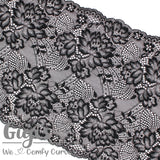Lace, Stretch Lace, 9" Black with Silver Floral Stretch Lace, 9 inch - Gigis Bra Supply