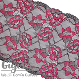 Lace, Stretch Lace, 9" Black Lace with Fuchsia Flowers Stretch Lace, 9 inch