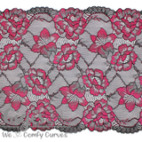 Lace, Stretch Lace, 9" Black Lace with Fuchsia Flowers Stretch Lace, 9 inch