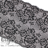 Lace, Stretch Lace, 9" Black with Silver Floral Stretch Lace, 9 inch