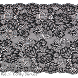 Lace, Stretch Lace, 9" Black with Silver Floral Stretch Lace, 9 inch