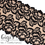 Lace, Stretch Lace, 7" Beige with Brushed Black Flowers Stretch Lace, 7 inch - Gigis Bra Supply