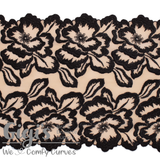 Lace, Stretch Lace, 7" Beige with Brushed Black Flowers Stretch Lace, 7 inch - Gigis Bra Supply