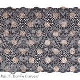 Lace, Stretch Lace, 7" Black with Gold Dots Stretch Lace, 7 inch - Gigis Bra Supply