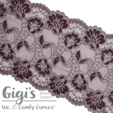 Lace, Stretch Lace, 6" Platinum and Black Cherry Floral Stretch Lace, 6 inch