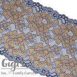 Lace, Stretch Lace, 9" Smokey Blue and Antique Gold Floral Stretch Lace, 9 inch - Gigis Bra Supply