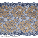 Lace, Stretch Lace, 9" Smokey Blue and Antique Gold Floral Stretch Lace, 9 inch - Gigis Bra Supply