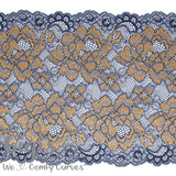 Lace, Stretch Lace, 9" Smokey Blue and Antique Gold Floral Stretch Lace, 9 inch - Gigis Bra Supply