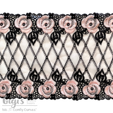 Lace, Rigid Lace, 7" Black Lattice with Pink Roses Rigid Lace, ~7 inch