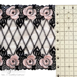 Lace, Rigid Lace, 7" Black Lattice with Pink Roses Rigid Lace, ~7 inch