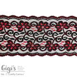 Lace, Stretch Lace, 5" Red Black Floral Scalloped Stretch Lace, 5 inch