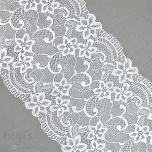 Lace, Stretch Lace, 6" White Floral Scalloped Stretch Lace, 6 inch