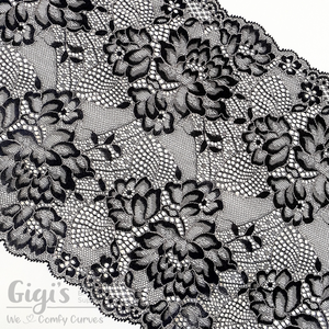 Lace, Stretch Lace, 9" Black with Silver Floral Stretch Lace, 9 inch
