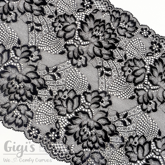 60 Black Lace With Silver Satin Backing Floral Leaves Lace Fabric By the  Yard (2740F-5M) 