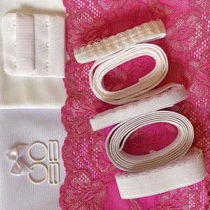 Bra Kit, Fuchsia and White Full Bra Kit (Fabric, Findings, Lace and Sheer Cup Lining)