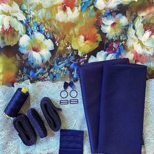 Bra Kit, Floral White and Gold on Fountain Blue with Navy and Sterling Blue Full Kit (Fabric and Findings)