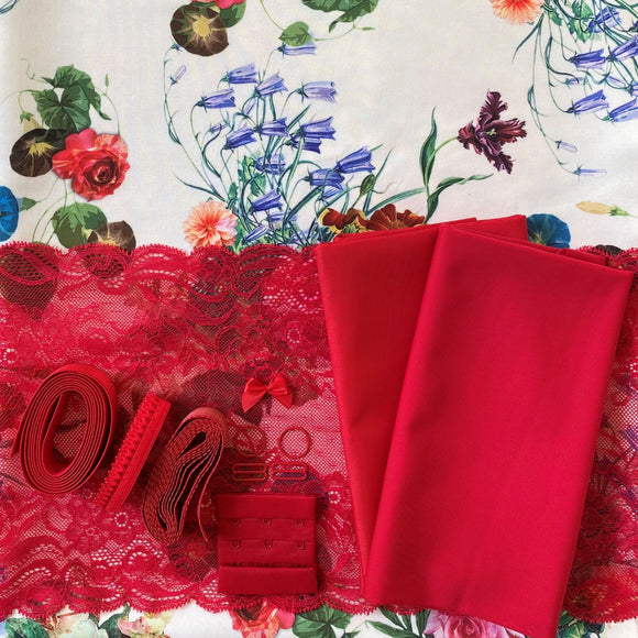 Bra Kit, Bluebells and Roses Red Full Kit (Fabric and Findings)