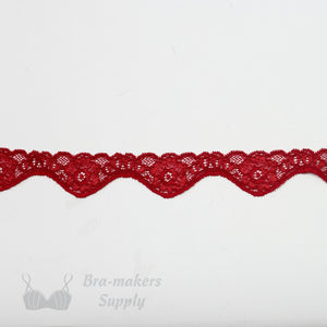 Lace, Stretch Lace, 1" Red Scalloped Floral Stretch Lace Edge, 1 inch per yard