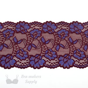 Lace, Stretch Lace, 6" Black Cherry Bluebird Floral Stretch Lace, 6 inch