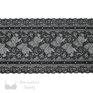 Lace, Stretch Lace, 6" Black Floral Heart Stretch Lace, 6 inch