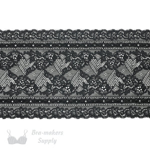 Lace, Stretch Lace, 6" Black Floral Heart Stretch Lace, 6 inch