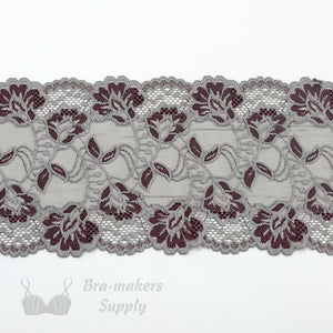 Lace, Stretch Lace, 6" Platinum and Black Cherry Floral Stretch Lace, 6 inch