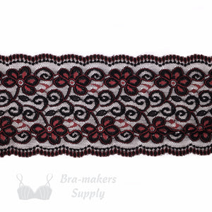 Lace, Stretch Lace, 5" Red Black Floral Scalloped Stretch Lace, 5 inch