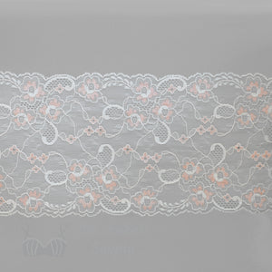 Lace, Stretch Lace, 6" Coral White Floral Stretch Lace, 6 inch