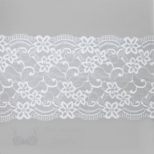 Lace, Stretch Lace, 6" White Floral Scalloped Stretch Lace, 6 inch